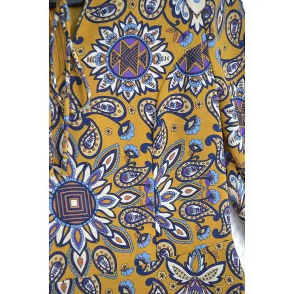 Everly Anthro Women's Small Gold Fit & Flare Long Sleeve Paisley Print Dress - Picture 4 of 16